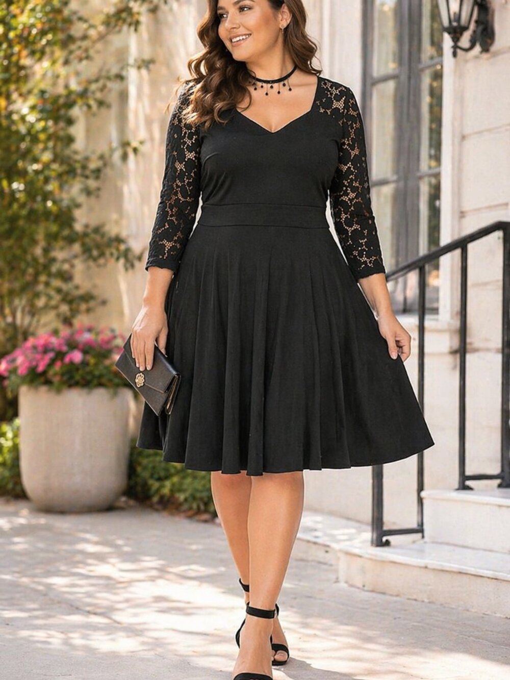Plus Size Friendly A-Line Flattering Fit Lace Wedding Guest Skater Dress L-4XL